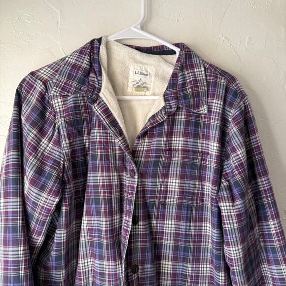 L.L. Bean Womens Size Medium Purple Plaid Fleece Lined Button Up Shacket Sweater - Picture 2 of 7